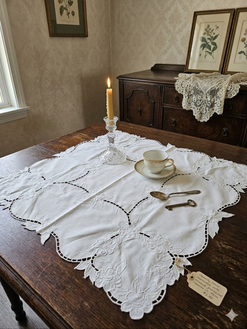 Vintage Embroidered Cutwork Table Centerpiece – Elegant White Floral Motif